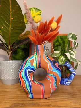 Hand-Painted Terracotta Donut Vase with Multicolor Drip Pattern - One of a Kind